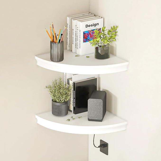 HAO Floating Corner Shelf Invisible Wall Mounted Shelves Radial Shape Cable Wire Hole Pattern Perfect for Bedroom Bathroom Living Room Kitchen Set of 2 White - ModernBath