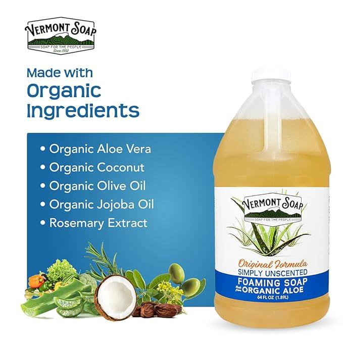 VERMONT SOAP Organic Unscented Foaming Hand Soap - Natural Moisturizing Soap for Dry Skin - Fragrance Free Liquid Bathroom Hand Soap - Simply Unscented - 64 oz - ModernBath