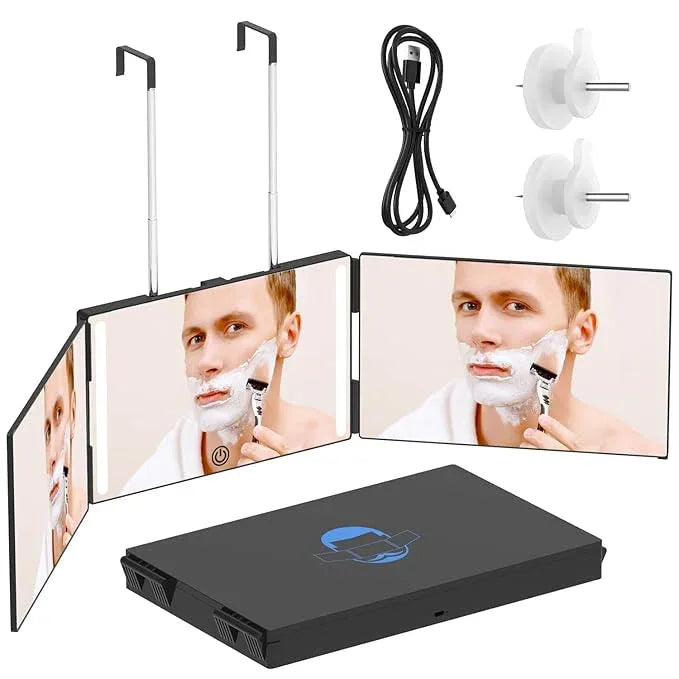 OLIBUY 3 Way Mirror with LED for Hair Cutting, Tri-fold Mirror for Shaver and Makeup, Adjustable Telescoping Hooks-with LED Version - ModernBath
