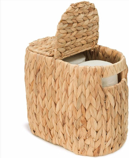 Toilet Paper Basket with Lid, Woven Natural Water Hyacinth Toilet Paper Storage, Papers Container for 4 Mega Rolls, Storage Holder with Built-in Handles, Slim Bathroom Stand Basket Organizer for Decor - ModernBath