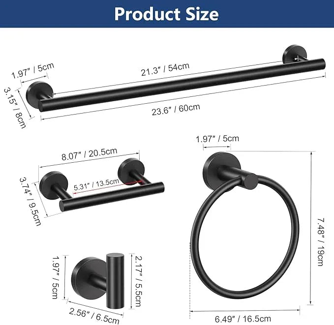 TQKAG Matte Black 5 Piece Bathroom Hardware Accessories Set 23.6" SUS304 Stainless Steel Bathroom Towel Bar Holder Sets Double Post Pivoting Toilet Paper Holder Set Wall Mounted - ModernBath