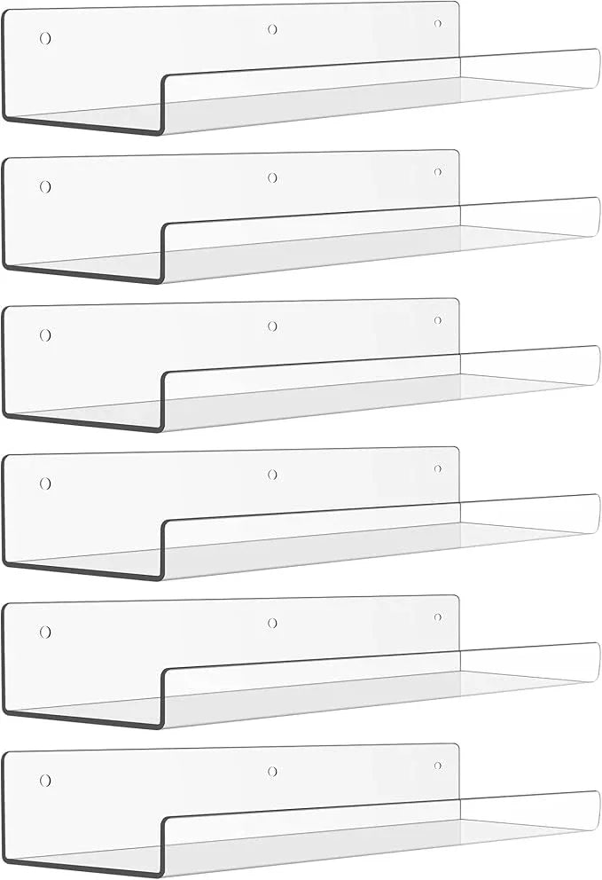 upsimples 6 Pack Acrylic Shelves for Wall Storage, 15" x 4“ Floating Bookshelves for Kids, Display Shelf Organizer for Bathroom, Bedroom, Living Room, Kitchen, Room Decor, Clear - ModernBath
