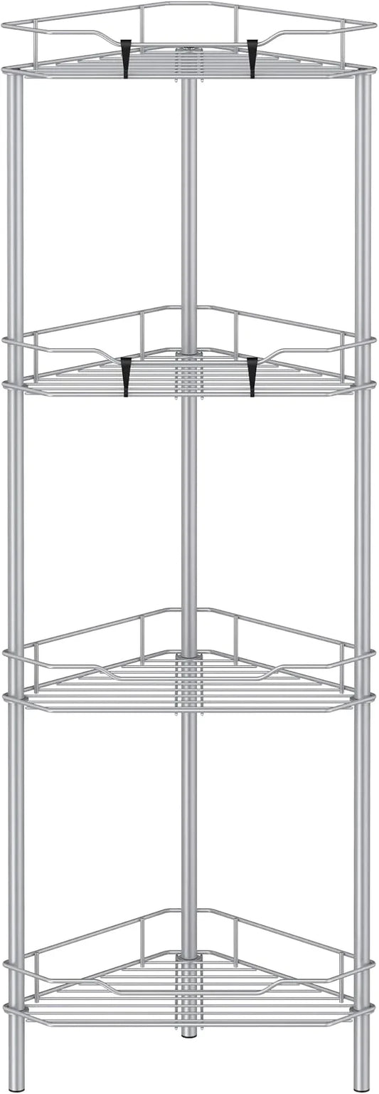 4 Tier Floor Standing Corner Shower Caddy Organizer Shelf with Hooks, Bathroom Shelves Stand Rack, Silver - ModernBath