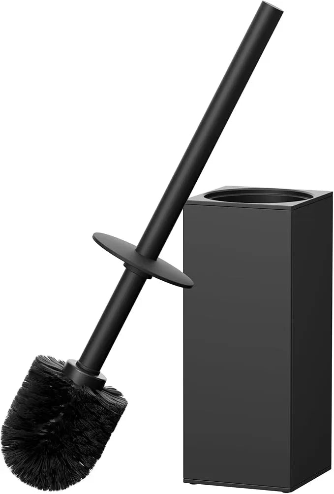 FORIOUS Toilet Brush and Holder Set, Heavy Duty 304 Stainless Steel Base Square and Long Handle for Bathroom Deep Cleaning, Drip-Proof, Space Saving for Storage, 2 Toilet Bowl Brush Head, Black - ModernBath