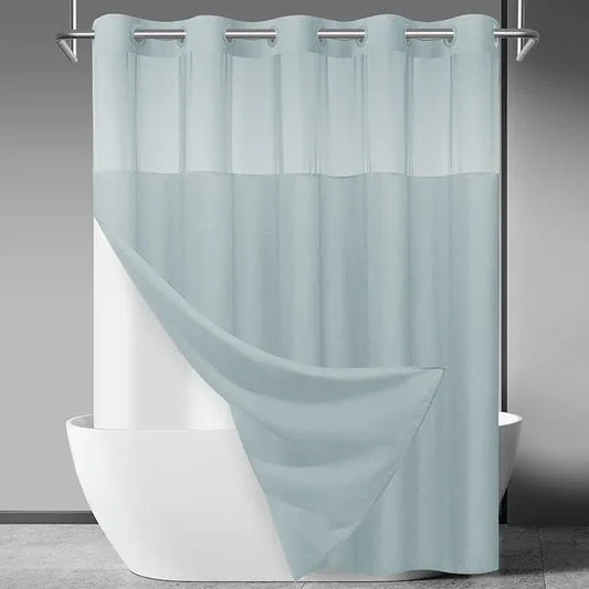 SORTTO No Hook Slub Textured Shower Curtain with Snap in Liner - Blue Fabric Outer Curtain & Waterproof Inner Liner, Hotel Style with See Through Top Window, 71x86 in - ModernBath