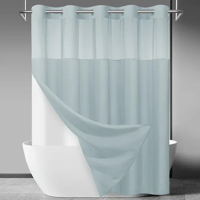 SORTTO No Hook Slub Textured Shower Curtain with Snap in Liner - Blue Fabric Outer Curtain & Waterproof Inner Liner, Hotel Style with See Through Top Window, 71x74 in - ModernBath