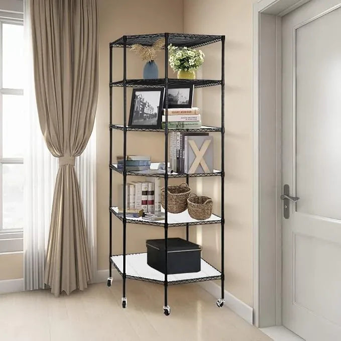 BNSPLY 6 Tier Corner Wire Shelving Unit, Adjustable Wire Shelf with Wheels, Metal Storage Shelves and Racks for Kitchen, Bathroom, Laundry, Pantry, Closet (27" D x 27" W x 71" H, Black) - ModernBath