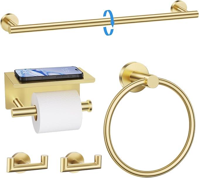 TNOMS 5-Piece Towel Bar Set Brushed Gold Bathroom Hardware Accessories Set Include 23.6in Towel Bar Toilet Paper Holder Towel Ring Towel Hooks Stainless Steel Towel Holder Set Wall Mounted - ModernBath