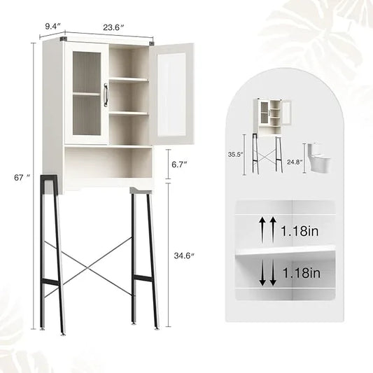 Over The Toilet Storage Cabinet with Tempered Glass Doors & Adjustable Shelf, Bathroom Organizers and Storage with Metal Stand Space Saver Over Toilet Organizer, Tall Freestanding Rack, White - ModernBath