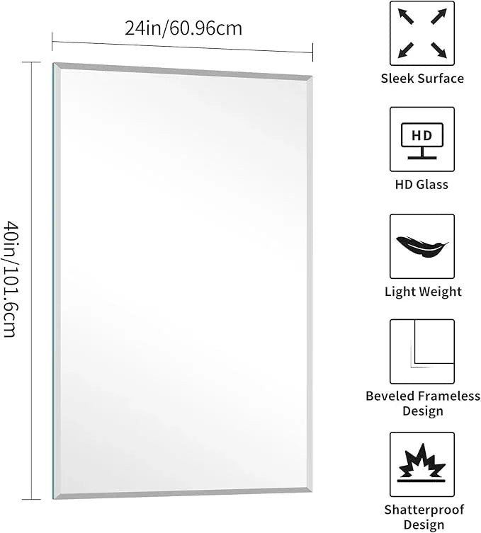 KOCUUY Beveled Mirror, 24x40 Inch Frameless Bathroom Mirror for Over Sink, Upgraded Shatterproof Beveled Unframed Design Mirror for Bathroom, Bedroom, Hang Horizontal/Vertical - ModernBath