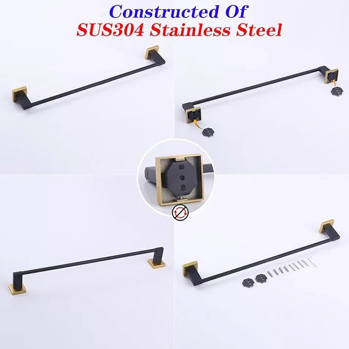 GERZWY 24-Inch Bathroom Towel Bar SUS 304 Stainless Steel Modern Round Style Bath Towel Bar Wall Mount (Black & Gold) JG1901A60-BD - ModernBath