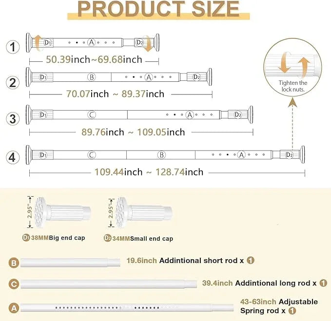 ZipGlo Tension Curtain Rod 51-128inches,White Heavy Duty Curtain Rods No Drilling,Shower Curtain Rods Spring Tension Long Outdoor Curtain Rod for Bathroom,Patio - ModernBath