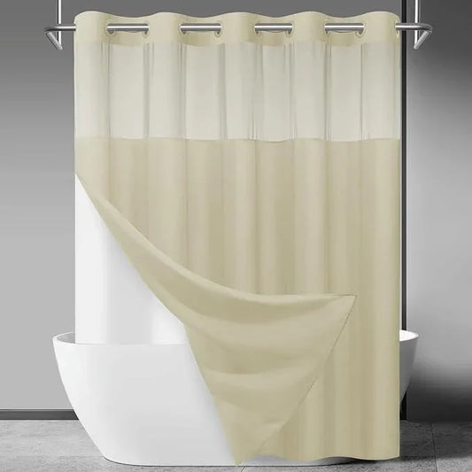 SORTTO No Hook Slub Textured Shower Curtain with Snap in Liner - Linen Fabric Outer Curtain & Waterproof Inner Liner, Hotel Style with See Through Top Window, 71x74 in - ModernBath