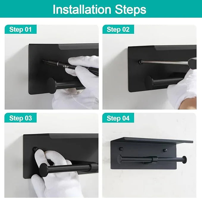 BGL Toilet Paper Holder with Shelf Matte Black, 304 Stainless Steel Wall Mount Toilet Tissue Roll Holder with Double Post for Bathroom, Commercial Toilet Paper Dispenser with Phone Shelf - ModernBath