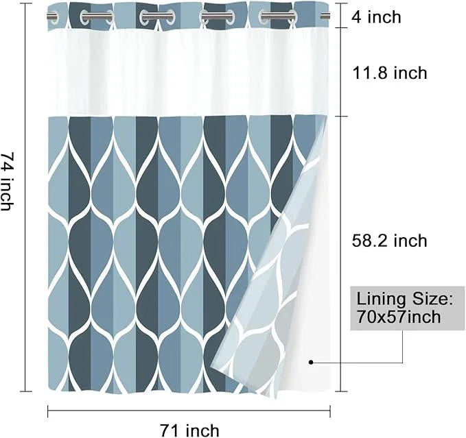 Yiatn No Hook Aegean Blue Shower Curtain with Snap in Fabric Liner Set - Hotel Style with See Through Mesh Top Window, Modern Geometric Waterdrop Design,Waterproof and Washable, 71x74 INCH - ModernBath