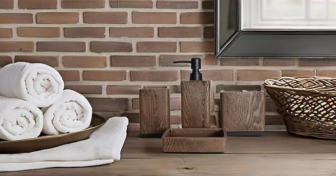 Hymmah Wood Grain Design Bathroom Accessories Set,Farmhouse Bathroom Decor,4 Pcs Resin Gift Set Apartment Necessities, Contain Cotton Swab Jar,Soap Dispenser,Tumbler，Soap Dish/Tray - ModernBath
