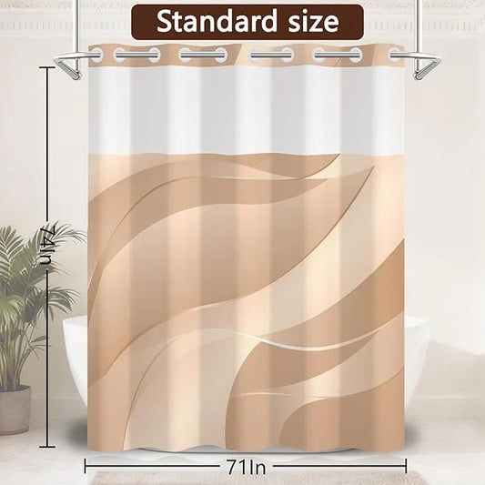 NAEMBCU No Hook Geometric Shower Curtain with Snap-in Liner, Beige Gold Curves Texture Bath Curtain with See Through Top, Waterproof Double Layer for Bathroom Decor, 71 x 74 Inch - ModernBath