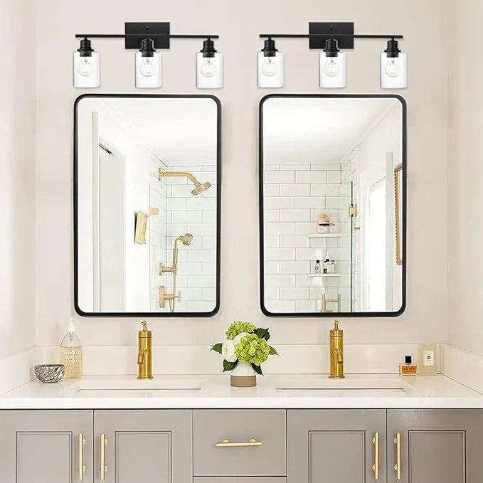 VINLUZ Matte Black Vanity Light for Bathroom 3 Light Farmhouse Indoor Bathroom Lighting Fixtures Over Mirror with Clear Glass Shade for Dressing Table - ModernBath