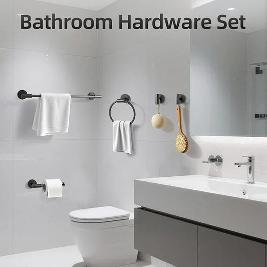 Matte Black Bathroom Hardware Accessories Set 5 Pieces, SUS304 Stainless Steel Bathroom Towel Bar Toilet Paper Holder Set Wall Mounted-19 Inch Towel Bar, Toilet Paper Holder, Towel Hooks, Towel Ring - ModernBath