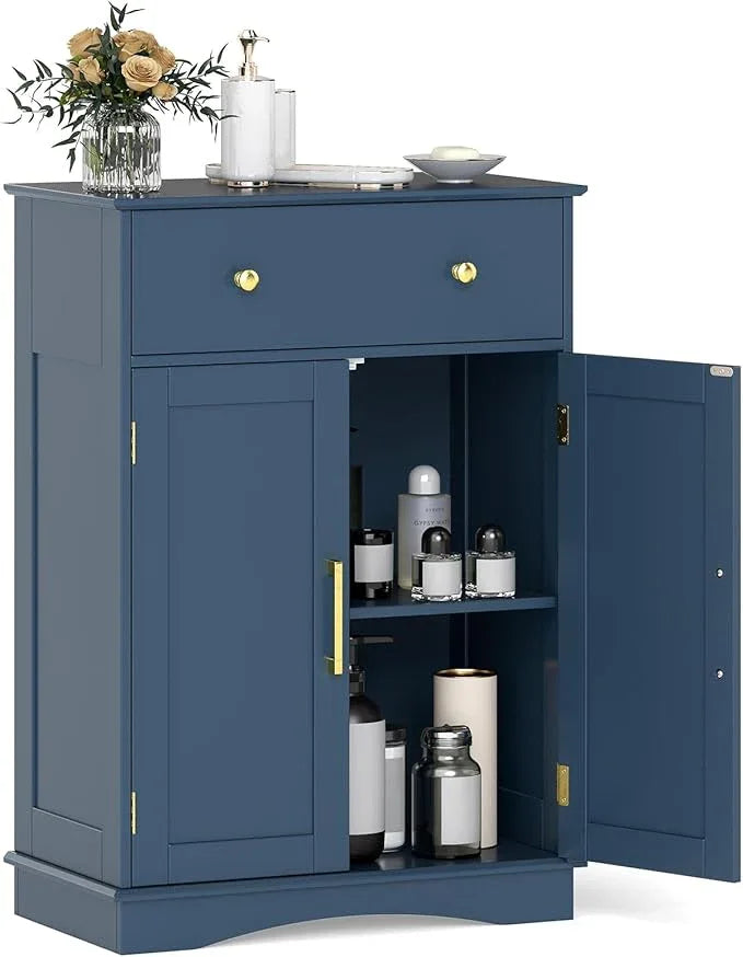 Tangkula Bathroom Floor Cabinet, Modern Freestanding Bathroom Storage Cabinet w/Large Pull-Out Drawer, 2 Doors, 3-Position Adjustable Shelf, Ideal for Living Room (Drawer & Cabinet, Navy Blue) - ModernBath
