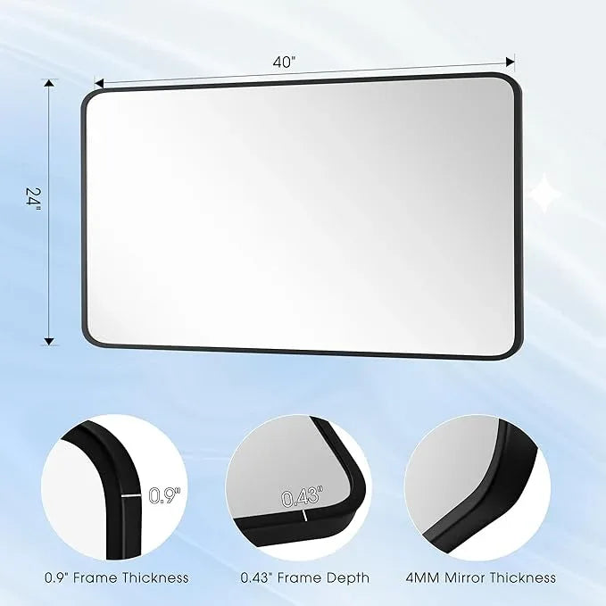 Bonverre 24x40 Inch Rectangle Bathroom Mirror with Black Metal Frame, Rounded Corner Rectangular Vanity Mirror for Wall, Modern Large for Bedroom, Living Room, Horizontal or Vertical - ModernBath