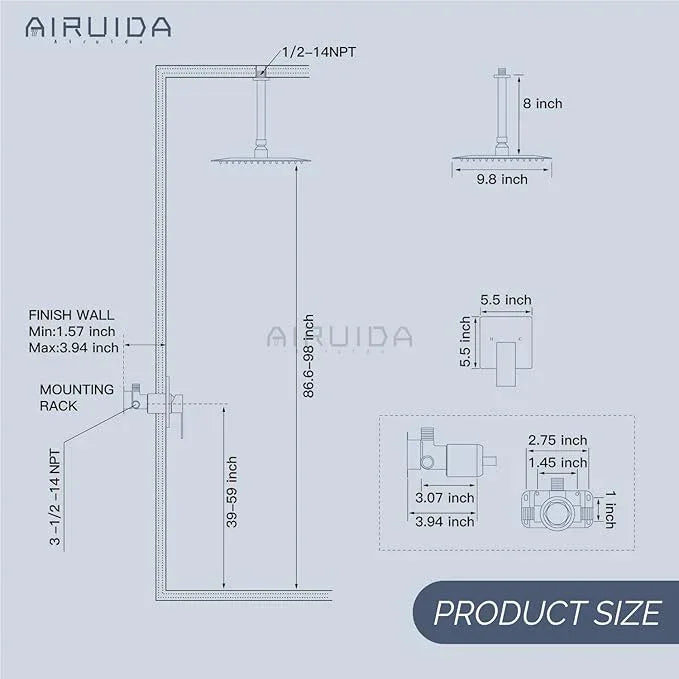 Airuida Shower Faucet Set and Handle Set Single Function Shower Trim Kit Ceiling Mount Rainfall Shower System with Male Threads and Rough-in Valve 10 Inch Square Shower Head Matte Black - ModernBath