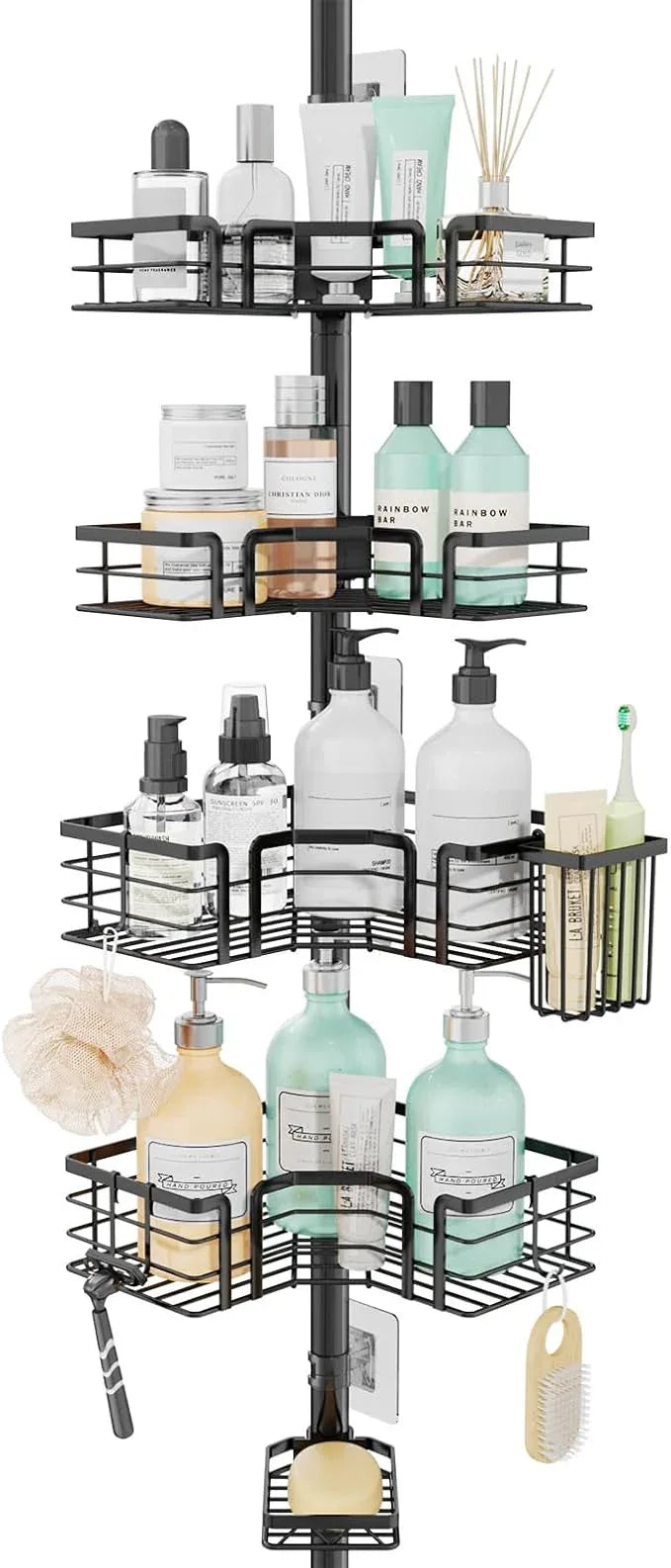 SWTYMIKI Shower Caddy Tension Pole - 4-Tier Corner Shower Organizer Tension Rod with Soap Holder, Toothbrush Holder & 4 Hooks, Adjustable Stainless Steel Bathroom Organizer 27.6 to 108.3 inch, Black - ModernBath