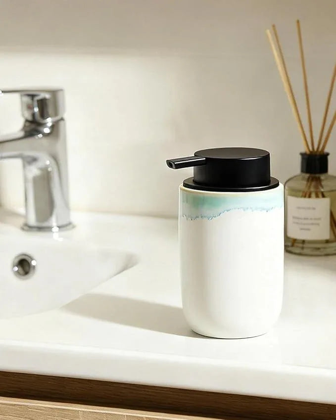 BosilunLife Hand Soap Dispenser - Foam Soap Dispenser Bathroom Ceramic Dish Liquid Soap Dispenser for Kitchen, Bathroom Countertop Soap Dispensers (White with Blue-Green Rim Liquid Pump) - ModernBath