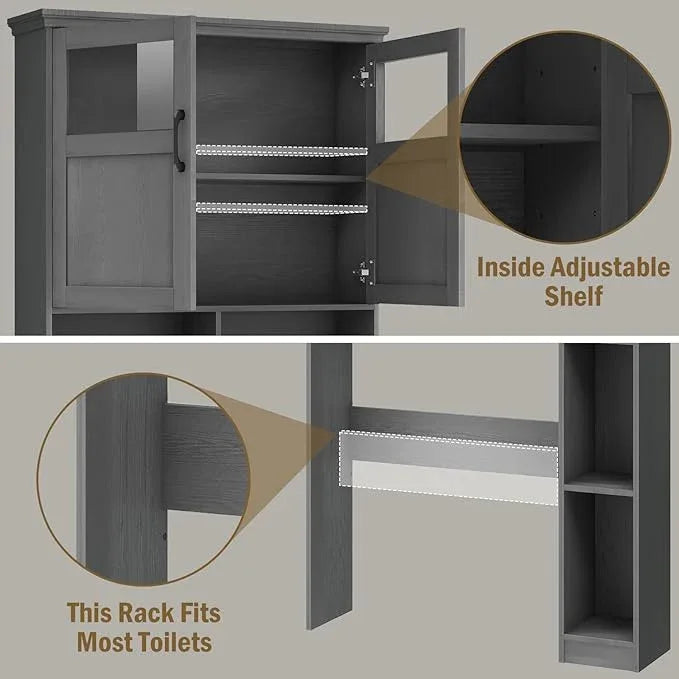 Over The Toilet Storage Cabinet With Double Doors & Paper Holder Stand, Freestanding Shelf Space Saver, Anti-Tip Design & Adjustable Shelf, Natural Grey - ModernBath