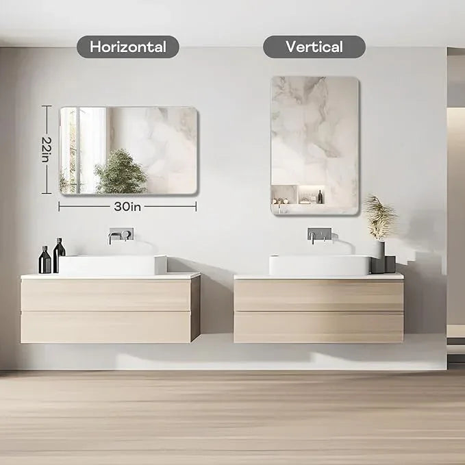 Minuover Silver Framed Bathroom Mirror, Brushed Nickel Rounded Corner Rectangle Wall Mirror, Tempered Glass, Shatter Proof, Anti-Rust, Hangs Horizontally or Vertically (22" x 30", Silver) - ModernBath