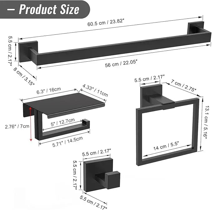 YACVCL 5 Pieces Matte Black Bathroom Hardware Accessorie Set 23.6 Inch Towel Bar Set SUS304 Stainless Steel Towel Rack&Holder Set for Bathroom,Toilet Paper Holder with Shelf Wall-Mounted - ModernBath