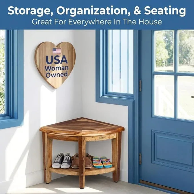 EcoDecors Teak Shower Corner Caddy 18" – Waterproof Wood Storage Organizer with Built-in Shelf and Adjustable Feet - Ideal for Small Bathrooms & Walk-in Showers - Indonesian Teak - ModernBath