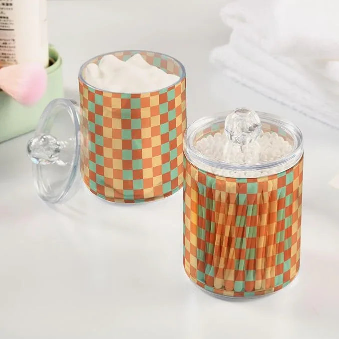Tatenale Qtip Holder Bathroom Set Q tip Cotton Ball Swab Pad Dispenser Container Organizer Plastic Jars with Lids Storage 2Pack Retro Groovy Checkered - ModernBath