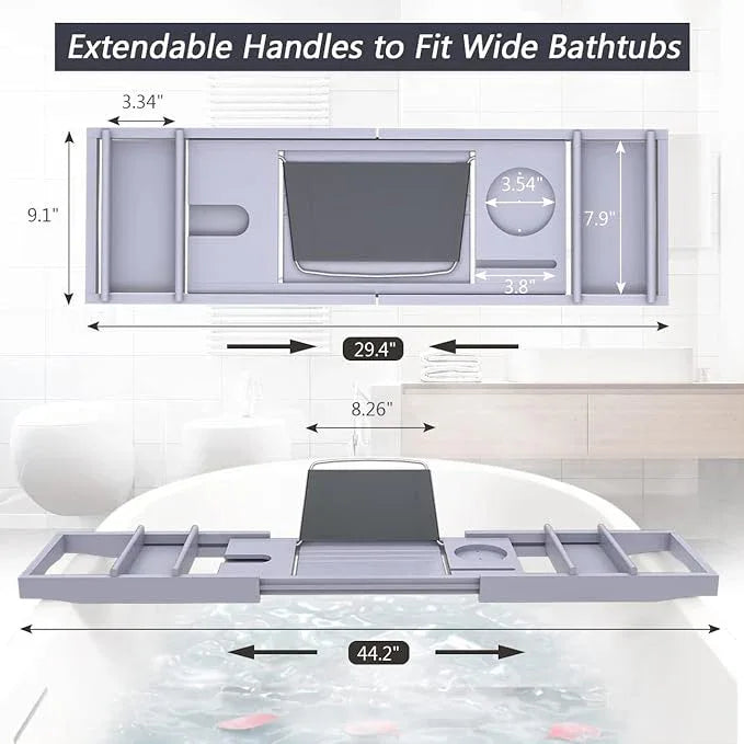 Domax Bathtub Caddy Tray Expandable Bamboo Tub Tray for Luxury Bath with Book Holder and Free Soap Dish (Gray, 29.4"-44.2"x 9.1"x1.65") - ModernBath