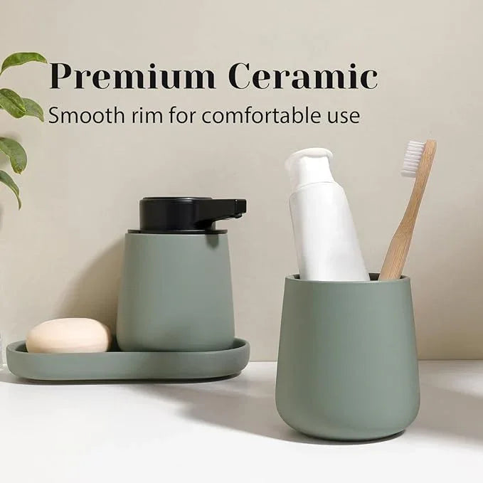 INGOFIN Automatic Ceramic Bathroom Accessory Set - 3 Pcs Auto Liquid Soap Dispenser Touchless, Toothbrush Holder & Tray, Smart Electric Bathroom Counter Set for Home, Guest Room, or Office, Green - ModernBath