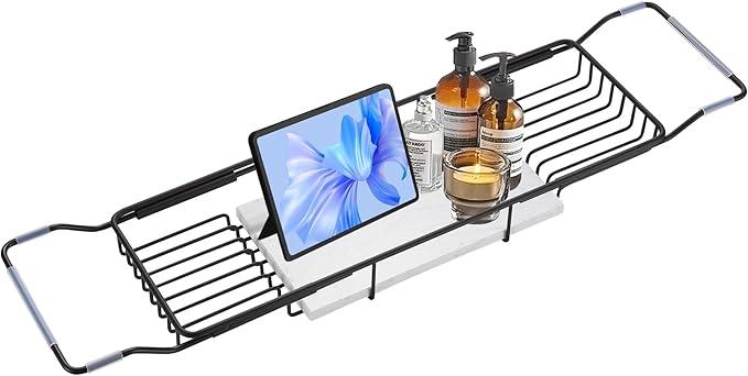 BVL Bathtub Tray Stainless Steel with Marble Base Matte Black Bathtub Tray with White Marble Base Adjustable & Rustproof Bath Caddy for Spa, Relaxation, Bath Bombs - ModernBath