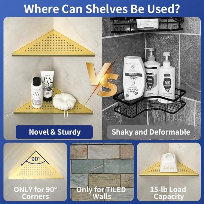 Corner Shower Shelves 10", Brushed Gold 304 Stainless Steel Recessed Bathroom Shelf, Grout in Shelf Rack for Tiled Wall, 2 Pack - ModernBath