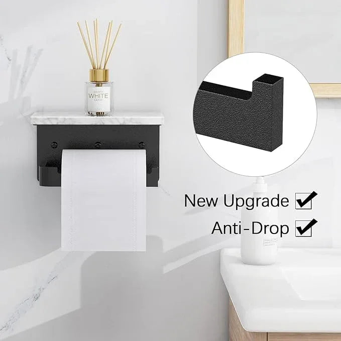 Toilet Paper Holder with Shelf, Extended Base Wall Mounted, Marble Toilet Roll Holder Black for Bathroom Washroom - ModernBath