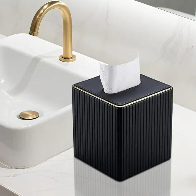 KINGFOM Tissue Box Cover, PU Leather Square Tissue Box Holder for Kleenexs with Magnetic Bottom Cover for Facial Tissues/Napkins, Office & Living Room Decor Box Black - ModernBath