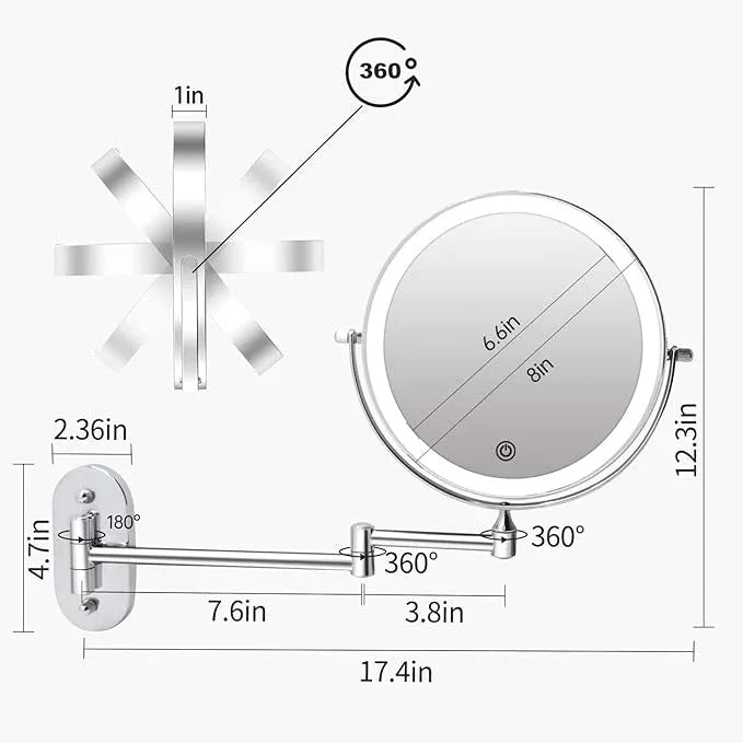 FUNTOUCH 5000mAh Rechargeable Wall Mounted Lighted Makeup Vanity Mirrors, Double Sided 1X 30X Magnifying, 3 Color Lighting, Touch Screen Dimming, Extended Arm 360 Rotation Shaving Bathroom Mirror - ModernBath