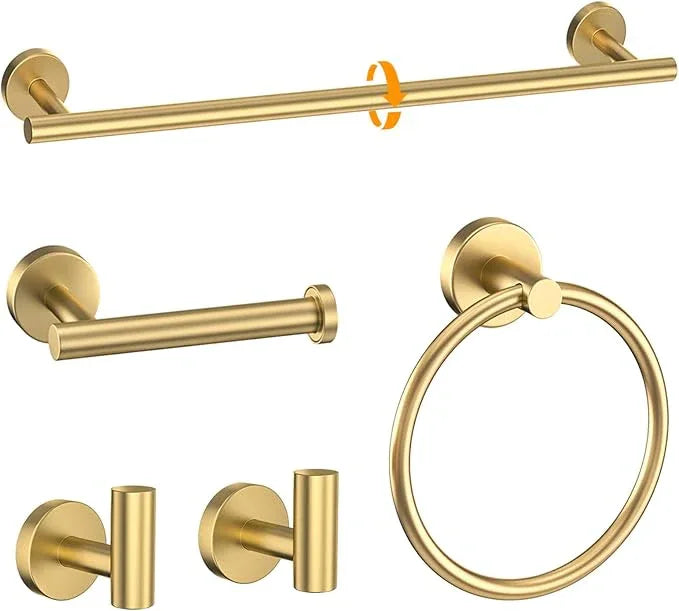 Brushed Gold Towel Bar Set 5 Pieces Round Bathroom Hardware Set Includes 23.6in Towel Bar Towel Ring Toilet Paper Holder Towel Hooks Stainless Steel Wall-Mounted Bathroom Towel Holder Set - ModernBath