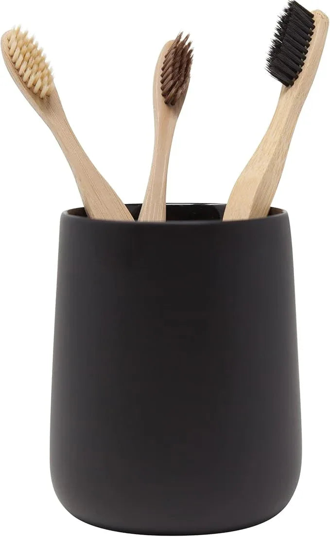 Yew Design Matte Black Toothbrush and Toothpaste Holder and Cup for Bathroom Vanity and Countertop, Round Organizer for Electric Toothbrushes, Floss, Razors, Cotton, and Mouthwash - ModernBath
