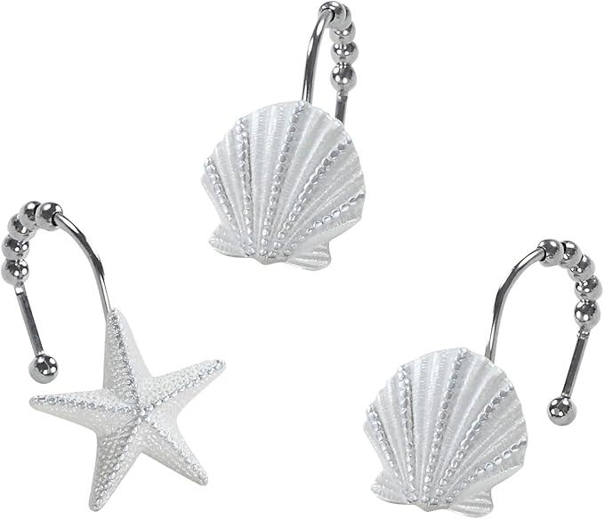 Coastal Seashell Shower Curtain Hooks, Under The Sea Beach Starfish Bathroom Shower Curtain Hooks Rust Proof, 5 Roller Ring Balls White Decorative Shower Hooks for Shower Curtain, Set of 12 - ModernBath