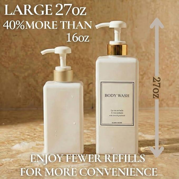 Modern Gold Design Shampoo and Conditioner Dispenser, Large 27oz Shower Soap Dispenser, Set of 3 Refillable Empty Plastic Pump Bottles for Bathroom and Body Wash (6 Waterproof Labels Included), White - ModernBath