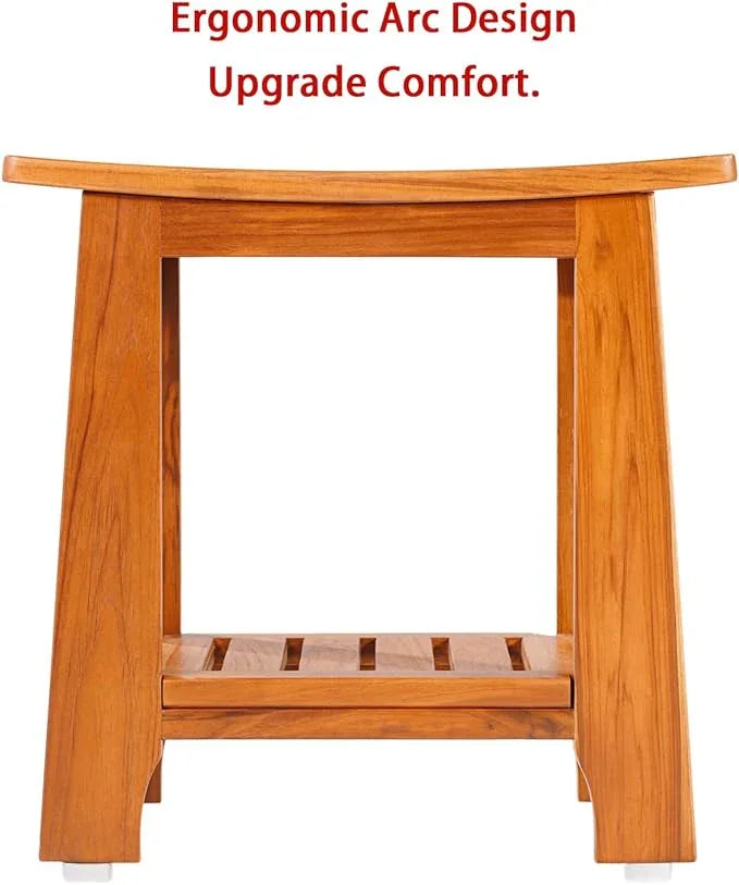 14" Compact Teak Shower Stool with Shelf & Handle - Waterproof, Non-Slip Bath Bench for Small Bathrooms/Outdoor Use, 300 lbs Capacity (Patented) - ModernBath