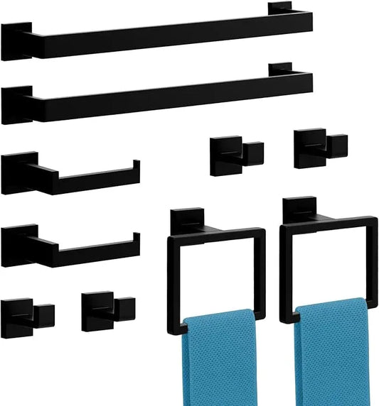 10-Pieces Matte Black Bathroom Accessories Set, 16 Inch Bath Towel Bar Set, SUS 304 Stainless Steel Bathroom Hardware Set, Towel Racks for Bathroom Wall Mounted - ModernBath