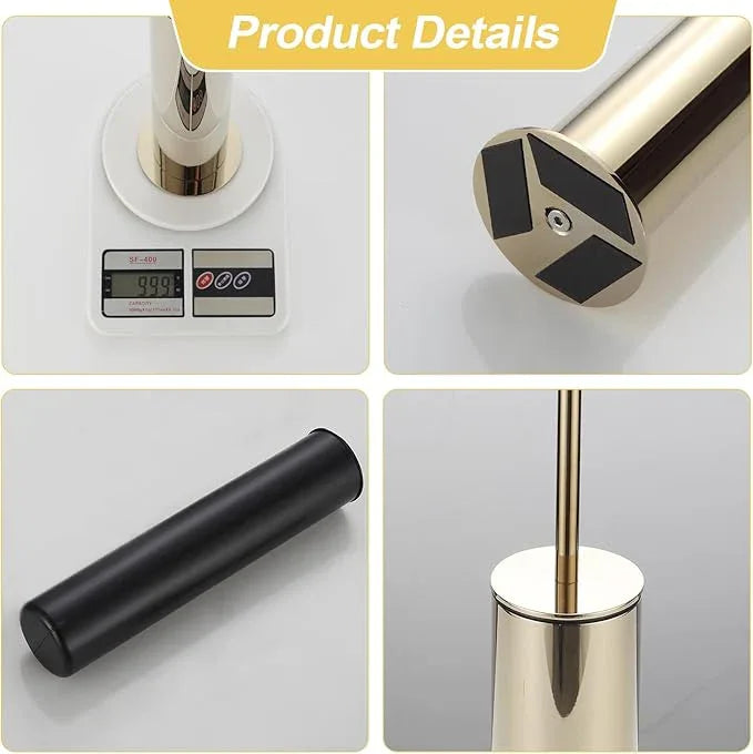 BGL Toilet Brush and Holder Set, Heavy Duty 304 Stainless Steel, Round Base and Long Handle for Bathroom Deep Cleaning, Drip-Proof, Space Saving for Storag, Gold - ModernBath