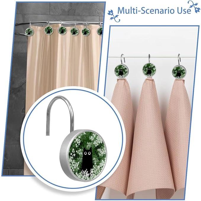 12 Packs Black Cat Floral Shower Curtain Hooks, Stainless Steel Glass Shower Curtain Rings for Bathroom, Rustproof Metal Curtain Rod Hooks - ModernBath