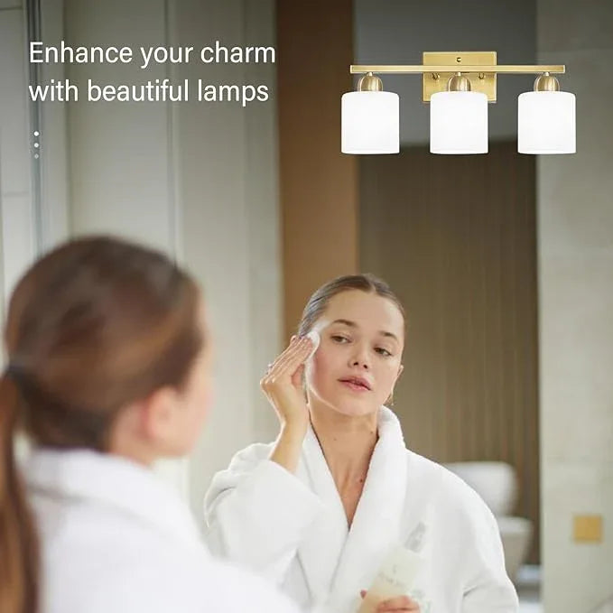 3 Light Gold Bathroom Light Fixtures, Modern Bathroom Vanity Lights with Milky White Frosted Glass Shades, Gold Vanity Mirror with Lights for Mirror Living Room E26 Base - ModernBath