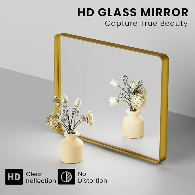 JISOSO Gold Bathroom Mirror, 36x36 Inch Brushed Gold Metal Frame Mirror for Wall, Rounded Rectangle Bathroom Vanity Mirror, Tempered Glass, Anti-Rust, Horizontal/Vertical - ModernBath